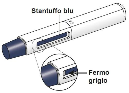 Diagrama de un dispositivo médico con émbolo azul visible a través de una ranura y un detalle ampliado que muestra un tope interno gris