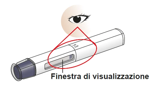 Dibujo de una pluma inyectable con un aumento de un ojo observando la ventana de visualización para comprobar el contenido