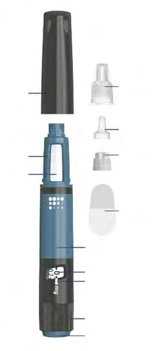 Diagrama explotado de un dispositivo médico azul y negro con varios componentes separados como tapón, cabezal y cuerpo con indicador de dosis en mg