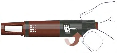 Dibujo de una mano girando la base de un dispositivo médico marrón para ajustar la dosis mostrada en una pantalla digital