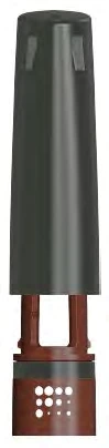 Dispositivo médico cilíndrico compuesto por una tapa protectora gris superior y una base marrón con pequeños orificios blancos circulares