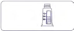 Dibujo técnico de una jeringa con escala graduada que muestra los números 12, 24 y 36 junto al émbolo interno