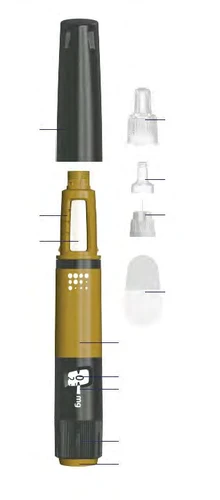 Diagrama explotado de un dispositivo médico con componentes separados que incluyen una tapa negra, un cuerpo amarillo y negro con indicadores en mg