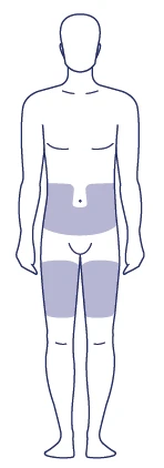 Esquema estilizado de un cuerpo humano con áreas sombreadas en azul celeste en el