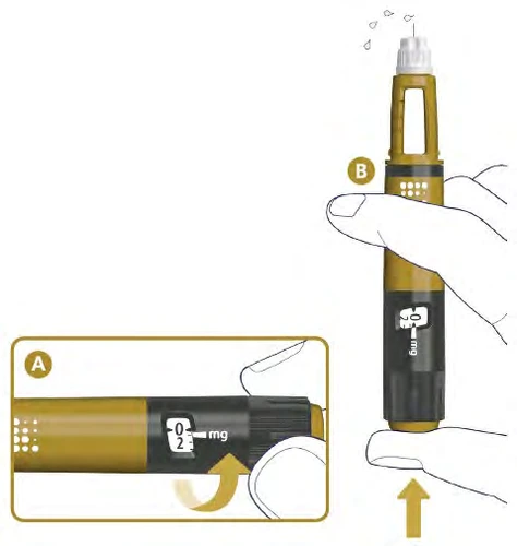 Una mano sostiene una pluma inyectora dorada con pantalla digital, mientras que un cuadro A muestra el detalle de la rotación del anillo para establecer la dosis