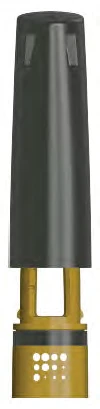 Dispositivo médico en forma de cilindro con parte superior negra lisa y base amarilla con pequeños orificios blancos circulares dispuestos en cuadrado