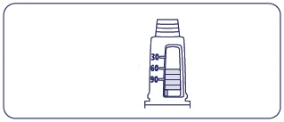 Dibujo técnico en azul de un frasco graduado con indicaciones numéricas 30, 60 y 90 junto a una escala de medición lateral