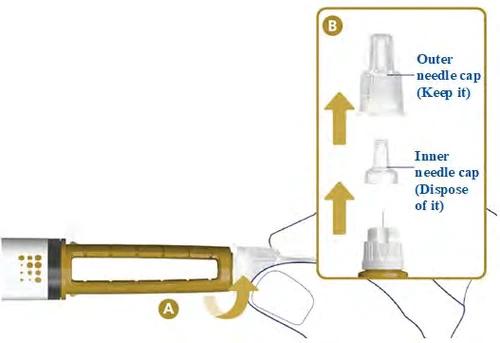 Diagrama médico que muestra el desmontaje de un dispositivo con tapa externa para conservar y tapa interna para desechar, y una mano que lo sostiene