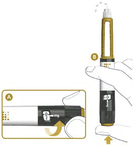 Ilustración médica de un dispositivo de inyección sostenido por una mano con detalle A que muestra la rotación del anillo para ajustar 2 mg