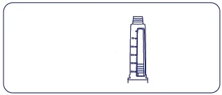 Dibujo técnico en azul de una jeringa vertical con escala graduada y émbolo interno sobre fondo blanco en el