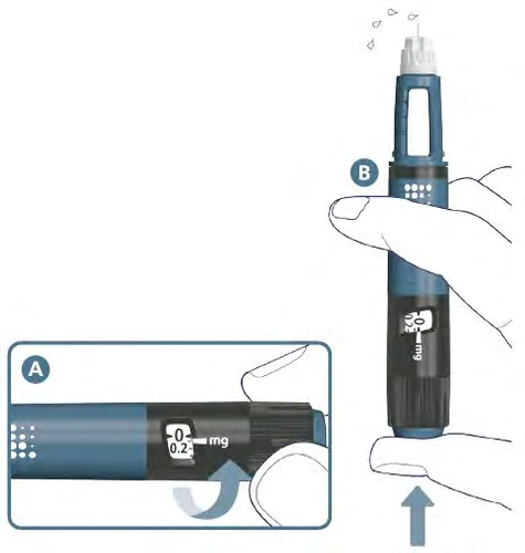 Una mano sostiene un dispositivo médico azul con pantalla digital que indica 0,2 mg y una flecha hacia el