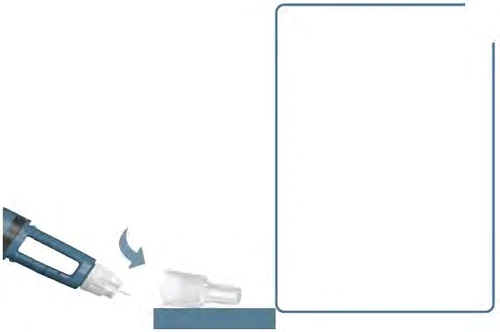 Una pluma inyectable azul y gris se inclina para insertar la