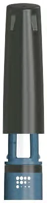 Dispositivo médico cilíndrico con cuerpo superior negro y base azul con pequeños orificios blancos dispuestos en forma de cuadrado sobre fondo neutro