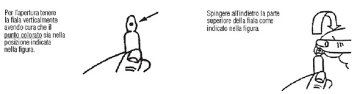 Technical drawing showing how to hold the vial vertically with the colored mark on top and how to push the upper part backward
