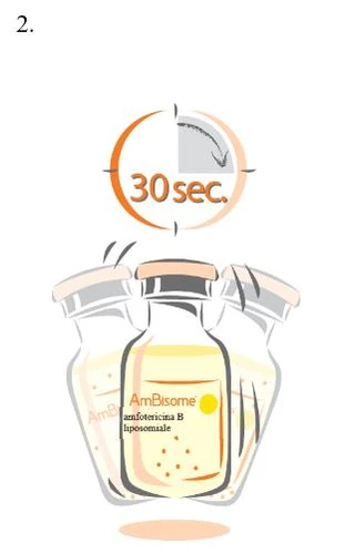 Three vials of AmBisome containing yellow liquid under an orange circular symbol with the text '30 sec' and a rotating arrow