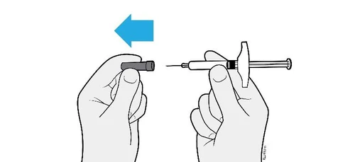 Two hands separating a gray cap from the body of a syringe with a blue arrow indicating movement to the left