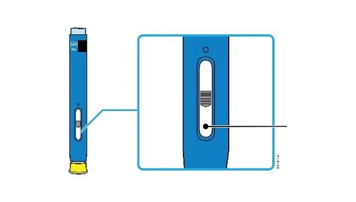Technical drawing of a blue medical device with a magnification showing a control window with a horizontal bar at the