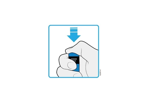 Illustration of a hand holding a blue medical device with a blue arrow pointing downward above it