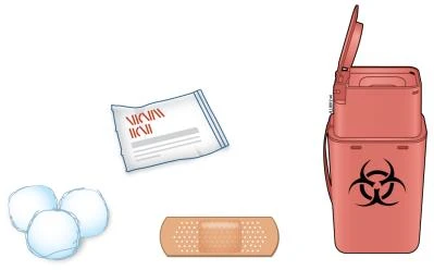 A red biological waste container, a white pouch, three cotton swabs, and an adhesive bandage on a white background