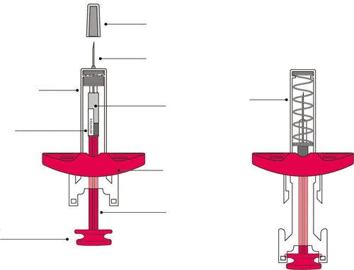 Technical diagram of a syringe with exploded components showing the