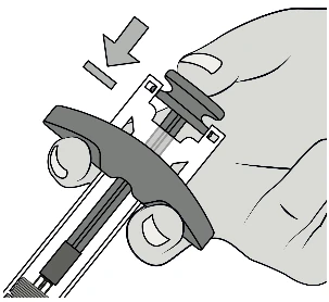 A hand holding a medical device with the upper button indicated by an arrow suggesting to press downward