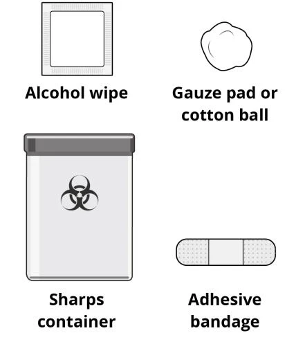 Illustration of an alcohol wipe, a gauze or cotton pad, a sharps container, and an adhesive bandage