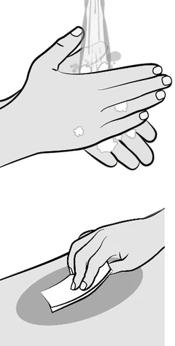 Black and white drawing showing two hands being washed under a stream of