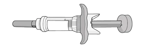 Dibujo técnico en escala de grises de una jeringa precargada con émbolo, cuerpo cilíndrico y amplias aletas para sujeción manual