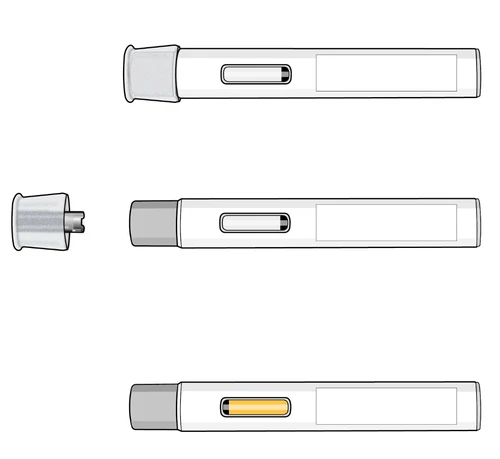 Dibujo técnico que muestra tres plumas autoinyectables dispuestas horizontalmente: una con tapón, otra desmontada y otra con líquido amarillo visible en la ventana