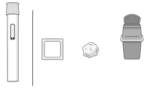 Dibujo técnico de una pluma inyectable, un dispositivo cuadrado, una bola de algodón y un contenedor para eliminación de residuos médicos