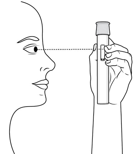Dibujo lineal de un perfil humano que mira a través de un dispositivo médico cilíndrico sostenido verticalmente por una mano