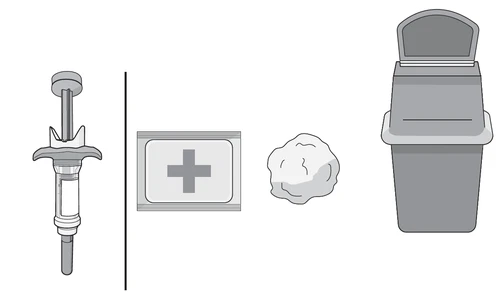 Dibujo esquemático de un vial con jeringa, un paquete con cruz médica, una bola de algodón y un contenedor para residuos biológicos