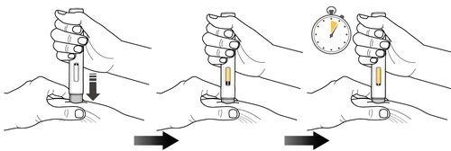 Tres ilustraciones secuenciales que muestran una mano presionando un dispositivo médico sobre la piel con una flecha y un cronómetro para indicar el tiempo