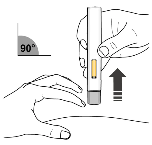 Dibujo técnico que muestra una mano sosteniendo un inyector a 90 grados respecto a la piel con una flecha dirigida hacia el
