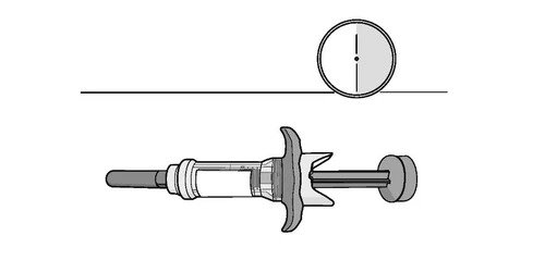 Dibujo técnico de una jeringa precargada horizontal con un círculo en la parte superior que muestra un detalle de la línea de referencia vertical