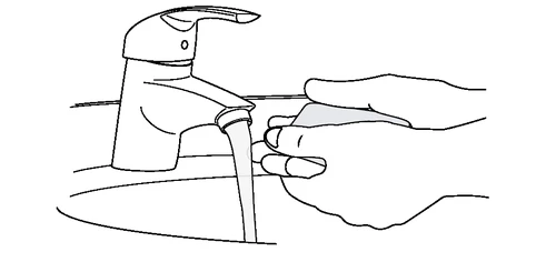 Dibujo en blanco y negro que muestra dos manos abriendo un grifo del que fluye un chorro de