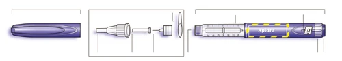 Diagrama despiegado de una pluma para insulina Apidra que muestra el cuerpo de la pluma, la tapa protectora y el