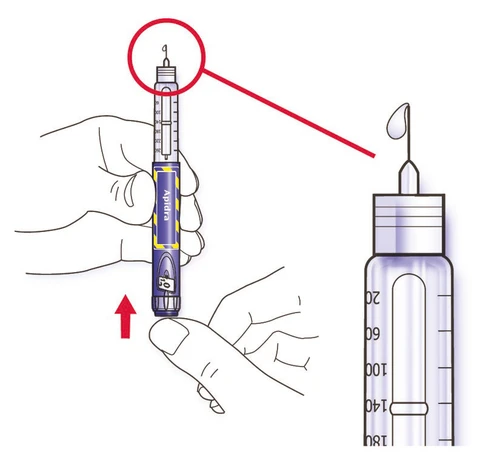 Dibujo de manos sosteniendo una pluma para insulina Apidra con un detalle ampliado que muestra el elemento del