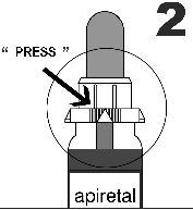 Diagrama técnico de un frasco Apiretal con una flecha que indica presionar en la parte superior del tapón bajo el número 2