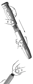 Dibujo técnico que muestra dos manos sosteniendo y manipulando un dispositivo médico cilíndrico para su