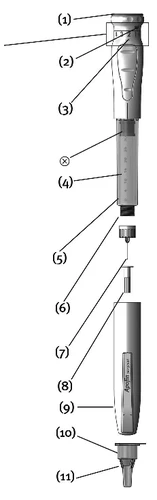 Diagrama despiezado de una pluma inyectora médica con once componentes numerados que muestran la estructura interna y las piezas ensamblables