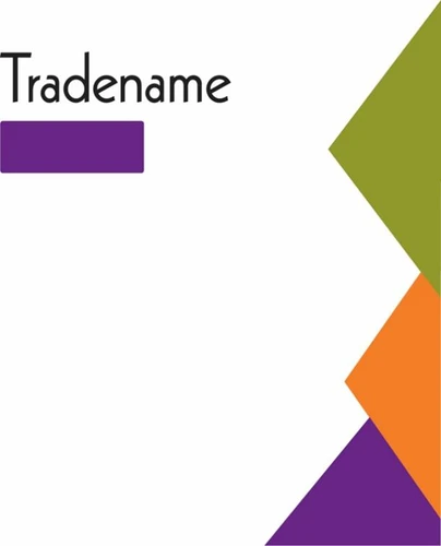 Texto negro con la leyenda Tradename sobre fondo blanco con formas geométricas moradas, verdes y naranjas en el lado derecho