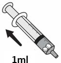 Dibujo técnico de una jeringa con indicación de 1 ml y una flecha negra que apunta hacia el émbolo para indicar el movimiento de aspiración.