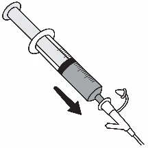 Dibujo técnico de una jeringa inclinada con una flecha negra que indica el movimiento de presión hacia abajo para la inyección.