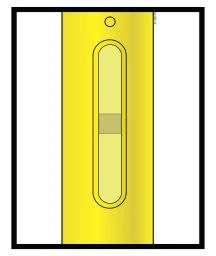 Dispositivo médico alargado de color amarillo con una ventana ovalada transparente central que muestra el nivel de líquido interno