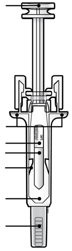 Esquema técnico en blanco y negro de una jeringa precargada con varias líneas negras que indican las distintas partes del dispositivo médico