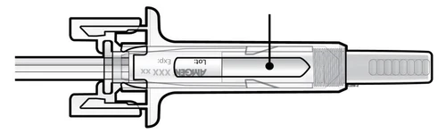 Dibujo técnico de una jeringa precargada con etiqueta AMGEN, que indica lote y fecha de caducidad, con un punto negro en el