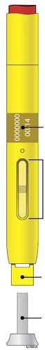 Dispositivo médico amarillo con forma de pluma con ventana de control transparente, indicadores numéricos y componentes blancos y grises en la base