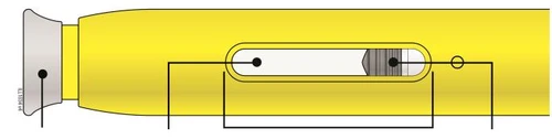 Diagrama técnico de un dispositivo médico amarillo con una ventana central transparente que muestra el nivel del líquido e indicadores negros