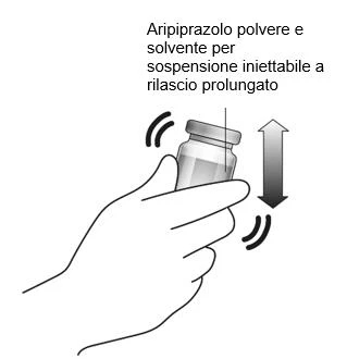Una mano agita verticalmente un frasco de aripiprazolo que contiene polvo y disolvente para suspensión inyectable de liberación prolongada